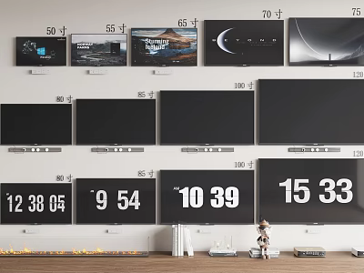 TVs In Various Sizes Displayed On Wall With Screens 3d model