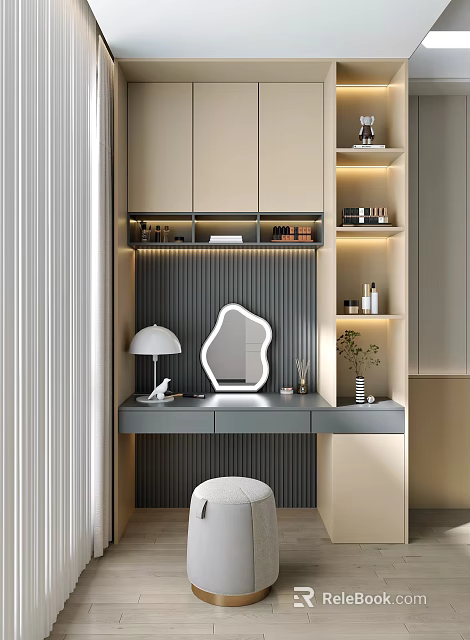 Modern Elegant Vanity Table Interior With Unique Mirror Floating Cabinets And Table Lamp 3d model 