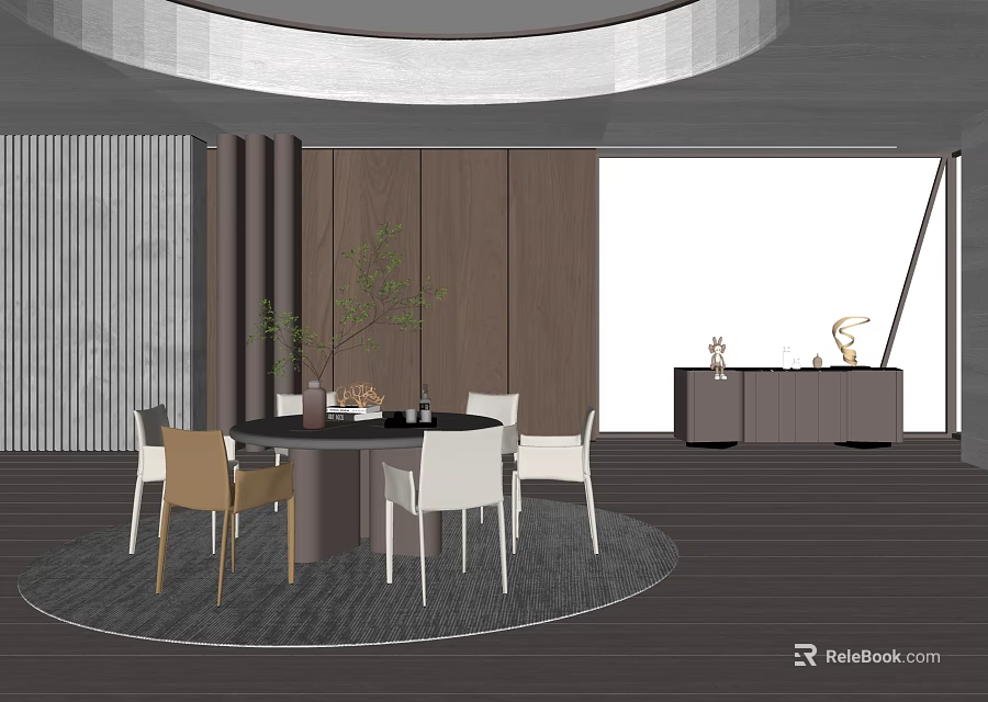 Modern Round Dining Table Set With Mixed Color Chairs Green Plant Wooden Wall Round Rug 3d model 
