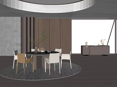 Modern Round Dining Table Set With Mixed Color Chairs Green Plant Wooden Wall Round Rug 3d model