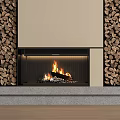 Modern Fireplace Design With Burning Flames Stacked Firewood Sides Stone Base And Light Wall