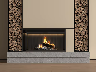 Modern Fireplace Design With Burning Flames Stacked Firewood Sides Stone Base And Light Wall 3d model