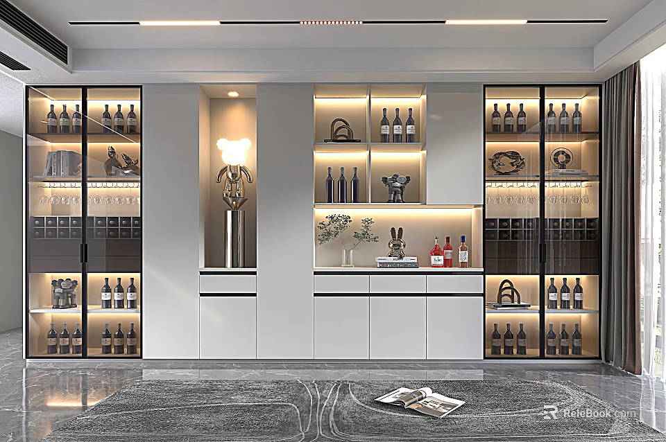 Modern Glass Door Wine Cabinet Interior Design With Lighting Decorative Sculptures And Bottle Displays 3d model 