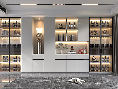 Modern Glass Door Wine Cabinet Interior Design With Lighting Decorative Sculptures And Bottle Displays 3d model