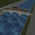 Traditional Chinese Stone Arch Bridge With Pavilion Style Roofs Over Water Surface And Small Boat