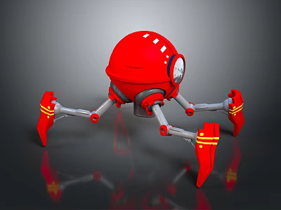 Red Spherical Robot Game Movie Character Featuring Mechanical Yellow Striped Legs 3d model