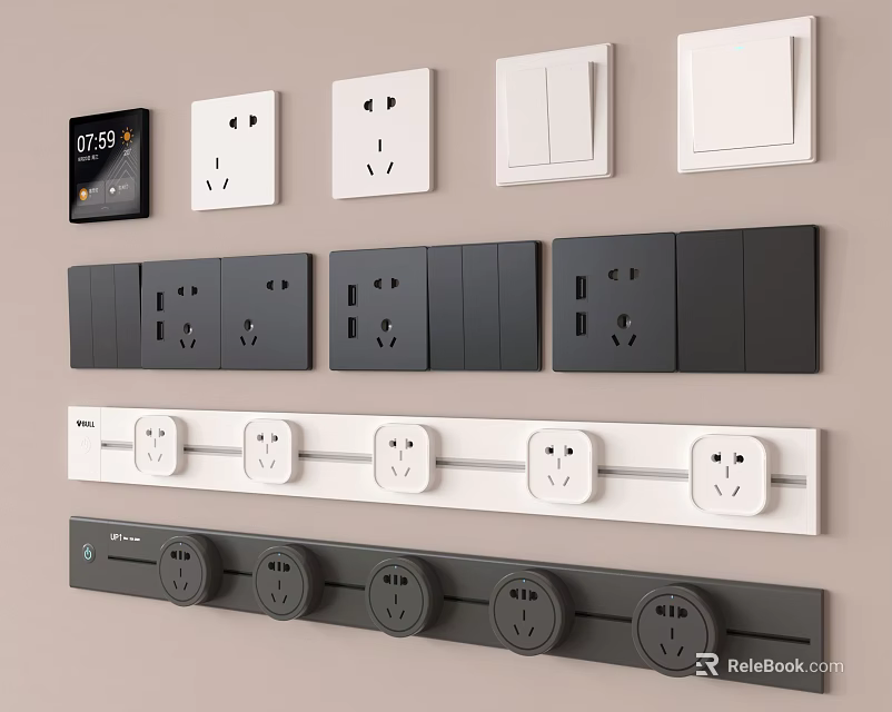 Modern White And Black Switch Panels With Single Switches Multiple Sockets And Smart 3d model 