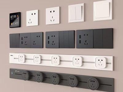 Modern White And Black Switch Panels With Single Switches Multiple Sockets And Smart 3d model