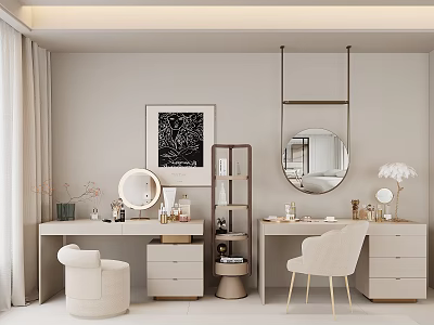 Elegant Modern Dressing Table Interior Design With Round Mirror Stool Display Shelf And Decorative Items 3d model