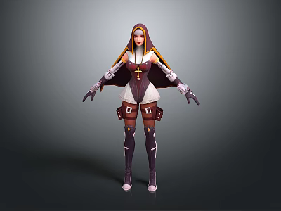 3D Female Character In Religious Hooded Outfit With Cross Emblem And Purple Armor Boots 3d model