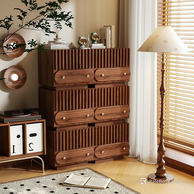 Wooden Storage Cabinet with Multiple Ribbed Drawers and Metal Handles in Home Interior 3d model 