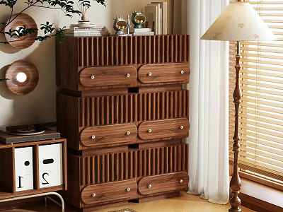 Wooden Storage Cabinet with Multiple Ribbed Drawers and Metal Handles in Home Interior 3d model