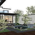 Modern Courtyard Garden Design With Pond Wooden Deck Green Plants Stone Pathway And Landscape Lighting