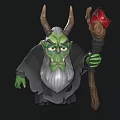 Evil Game Movie Wizard Character With Green Skin Horns White Beard And Red Gem Staff
