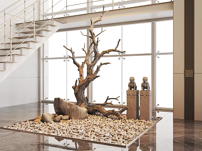 Karesansui Dry Landscape Garden With Withered Tree Pebbles And Stone Statues 3d model