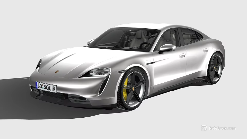 Porsche Silver Electric Sports Sedan With Sleek Design Yellow Brake Calipers And Black Wheels 3d model 