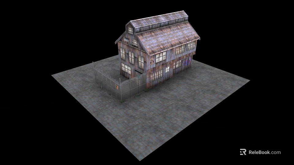 Old Hotel Building With Rusty Roof Fence And Stone Ground Design 3d model 