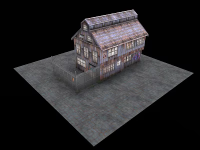 Old Hotel Building With Rusty Roof Fence And Stone Ground Design 3d model