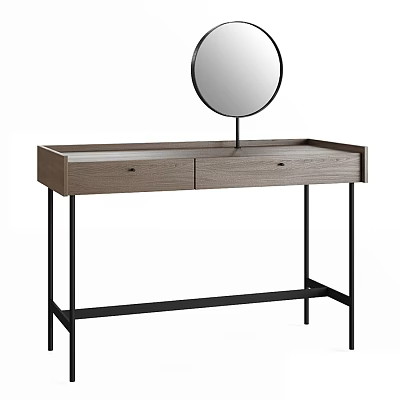 Modern Wooden Dressing Table With Black Metal Legs And Round Mirror Top Drawers 3d model
