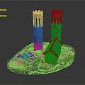 Cartoon Scene With Two Towers Small House Blue Roof Colorful Grass And Glowing Areas