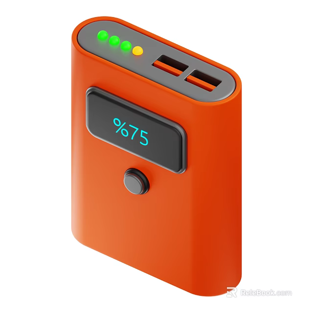Orange Power Bank With Digital Display Showing 75% Battery Level USB Ports And LED Indicators 3d model 
