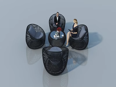 Swing Door With Black Rattan Chairs And Round Coffee Table Red Flowers Gray Background 3d model