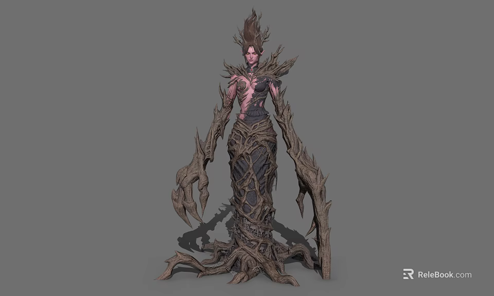 Dark Fantasy Game Character With Root Like Body Thorny Arms And Plant Inspired Headpiece 3d model 