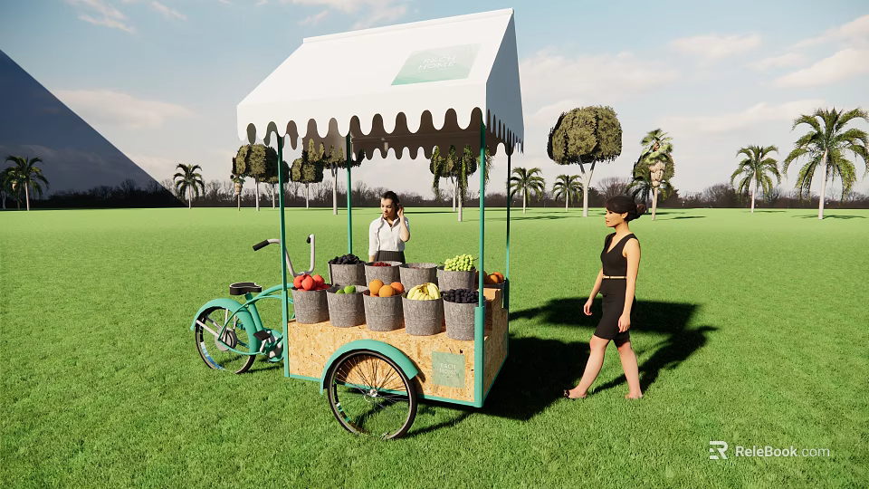 Outdoor Mobile Fruit Cart With White Awning Fresh Fruits On Green Grass 3d model 