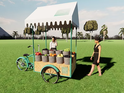 Outdoor Mobile Fruit Cart With White Awning Fresh Fruits On Green Grass 3d model