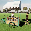 Outdoor Mobile Fruit Cart With White Awning Fresh Fruits On Green Grass