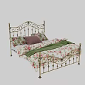 Double Bed With Gold Metal Frame Floral Pattern Bedding Pink Pillow And Green Blanket