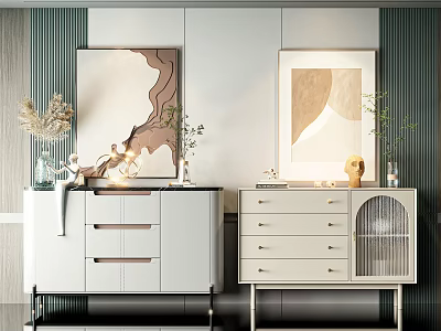Modern Entryway Side Cabinet With Drawers Wall Art And Decorative Vase 3d model