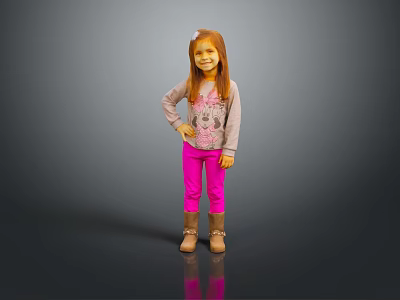 Young Red Haired Girl Wearing Grey Top Pink Pants And Brown Boots On Grey Background 3d model