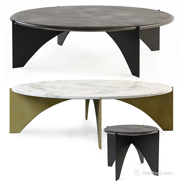 Elegant Round Coffee Table With Marble Top And Gold Black Curved Metal Base 3d model 
