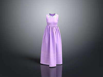 Purple Sleeveless Long Dress with Lace Collar and Pleated Waist Elegant Feminine Stylish Clothing Design 3d model