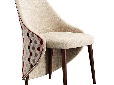Beige Fabric Leisure Chair With Geometric Patterned Armrest And Dark Wooden Legs 3d model