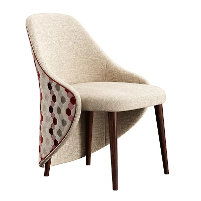 Beige Fabric Leisure Chair With Geometric Patterned Armrest And Dark Wooden Legs 3d model