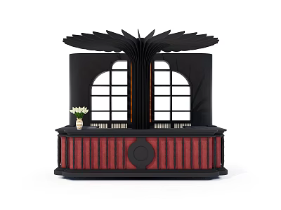 Elegant Black Red Bar Counter With Wing Shaped Top Arched Window And Red Stripes 3d model