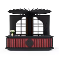 Elegant Black Red Bar Counter With Wing Shaped Top Arched Window And Red Stripes