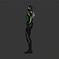 Game Movie Character In Green Black Combat Suit With Armor And Protective Gear Standing