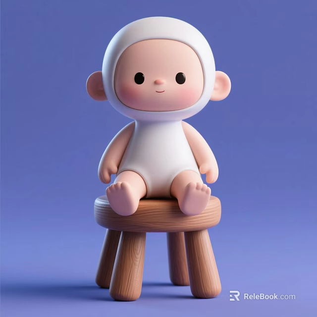 Cute Cartoon Decorative Figurine Set With White Costume Wooden Stool And Blue Background 3d model 