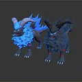 Blue And Black Horned Mythical Creatures With Spiky Manes Standing Together
