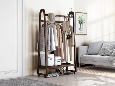 Clothing Rack In Living Room With Hats Clothes And Storage 3d model