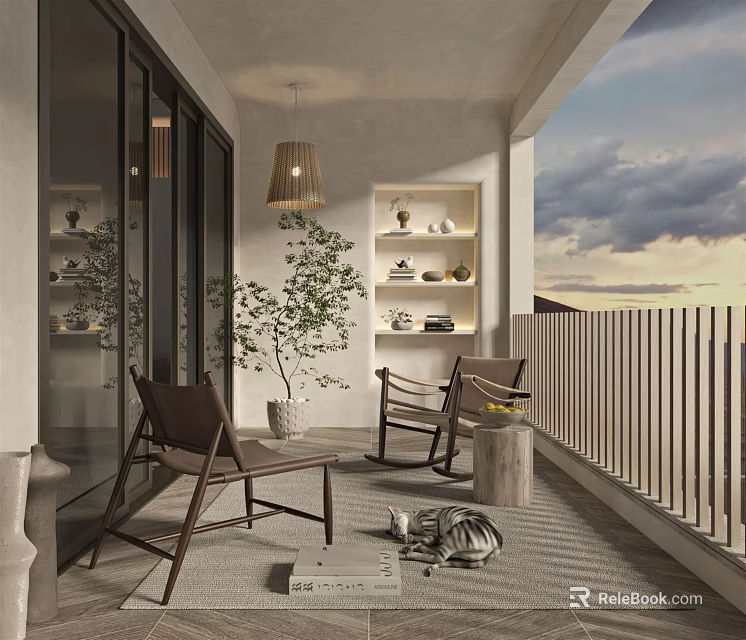Cozy Home Balcony With Wooden Chairs Hanging Lamp Potted Plant And Sunset Sky View 3d model 