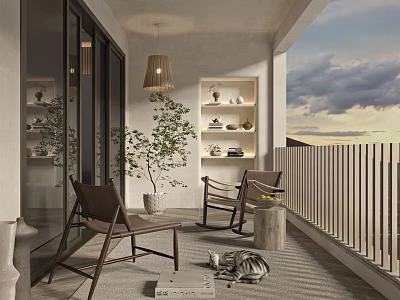 Cozy Home Balcony With Wooden Chairs Hanging Lamp Potted Plant And Sunset Sky View 3d model