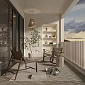 Cozy Home Balcony With Wooden Chairs Hanging Lamp Potted Plant And Sunset Sky View