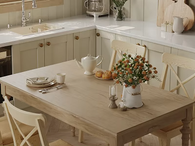 Cozy Restaurant Dining Area With Wooden Table Light Chairs Teapot Flower Vase And White Cabinets 3d model