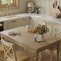 Cozy Restaurant Dining Area With Wooden Table Light Chairs Teapot Flower Vase And White Cabinets