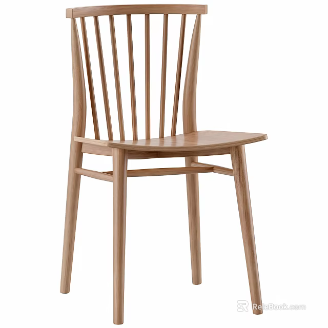 Simple Wooden Dining Chair With Slat Back Design And Natural Finish 3d model 