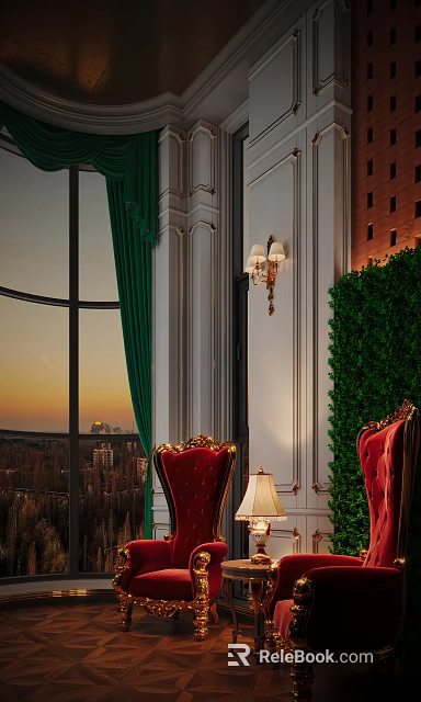 Leisure Sofa Set With Red Velvet Armchairs Green Curtains And City Sunset View 3d model 